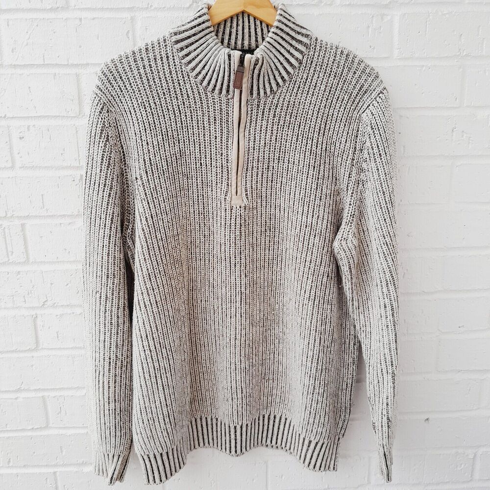 BASS Beige Brown 1/4 Zip Mock Neck Sweater Cotton Blend Contemporary Sz: L